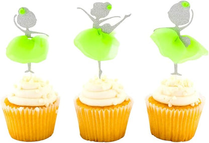 Restaurantware Top Cake 5 x 2.3 Inch Cupcake Toppers 10 Silver Glitter Detail Cake Toppers - For Events Durable Green Paper Ballerina Cake Toppers For Dessert And Party Decorations