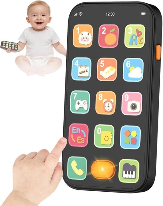 KALUYA Bilingual Baby Phone Toy Phone for Toddler 1-3, Fun Early Learning Musical Baby Toys for 6-12 Months with Sounds and Light, English/Spanish, Gift for 1 Year Old Boys Girls Kids Infant, Black