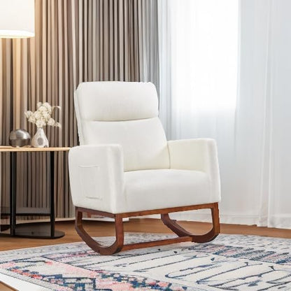 Yaheetech Upholstered Rocking Chair, Boucle Glider Chair Nursery Chair with High Back and Side Pocket, Rocking Accent Armchair with Rubber Wood Legs for Living Room/Bedroom/Nursery, Ivory
