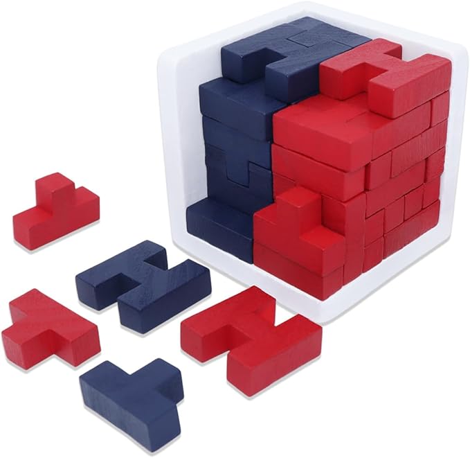Wooden Brain Teaser Puzzle Cube Easter Basket Stuffers Wooden Puzzles T-Shaped Jigsaw Logic Puzzle Educational Toy for Kids and Adults by AHYUAN (Red and Black)