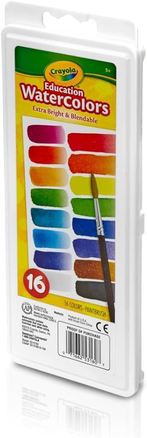 Crayola Watercolor Paint Set (16 Count), Washable Paint for Kids, 1 Paint Brush, Arts & Crafts Supplies, Assorted Colors, Ages 4+