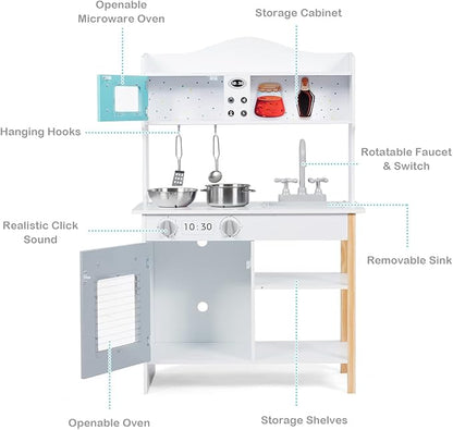 ARLIME Kids Kitchen Playset, Wooden Toy Toddler Kitchen w/ Simulated Sound, Accessory Utensils, Blackboard, Sink, Stovetop, Cabinets, Pretend Play Kitchen for Boys Girls