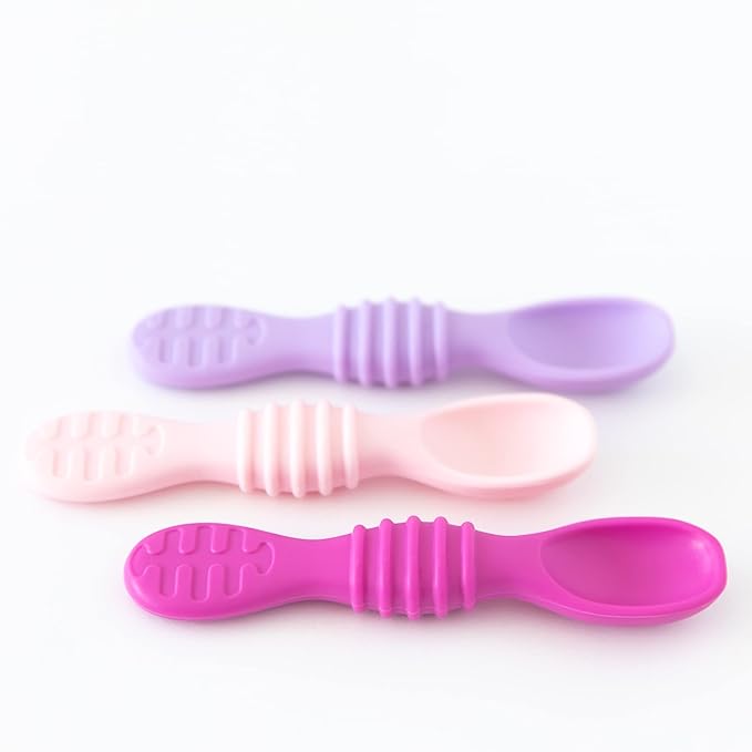 Bumkins Baby Utensil Set, Silicone Trainer Spoons for Dipping, Soft Tip, Self-Feeding, Chew, Baby Led Weaning, First Year Training Supplies, Essentials Learning Eating, 4 Mos, 3-pk Pink and Lavender