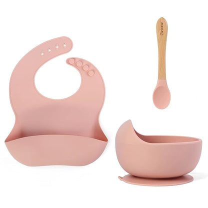 Ginbear Baby Bowls with Suction, Silicone Bibs, Baby Spoons, Baby Led Weaning Supplies, Toddler Feeding Set for Ages 6 Months+ (Baby Pink)