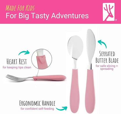 Elk and Friends Kids Silverware with Silicone Handle | Childrens Safe Flatware | Kids Utensils | Spoon + Fork + Knife set | 4 years+ | 6 Pieces