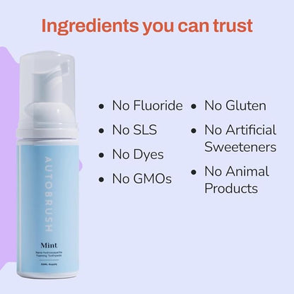 autobrush Original Mint Flavor Fluoride-Free Foaming Toothpaste for Adults, Whitening & Deep Cleaning, Travel Friendly, Anti-Cavity, Foam Toothpaste (3 Pack)