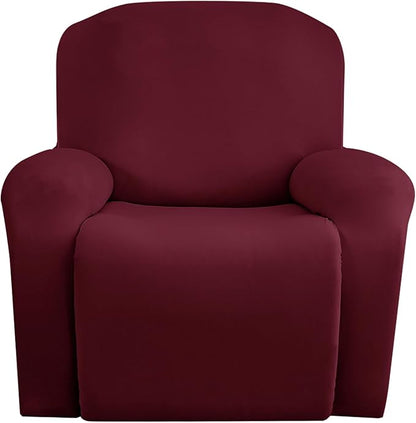 Jin Le 4 Pieces Recliner Cover Stretch Recliner Chair Cover 1 Seater Recliner Couch Covers Sofa Covers Stretch Soft Furniture Protector with Elastic Bottom and Ties for Kids Pet(Recliner, Burgundy)