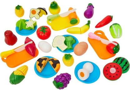 Hey! Play! 46-Piece Play Food Set - Includes 35 Cutting Play Food Toys, Grocery Basket, 3 Cutting Boards, 3 Knives, and 4 Dishes - for Ages 3 and Up, Orange (80-PP170010)