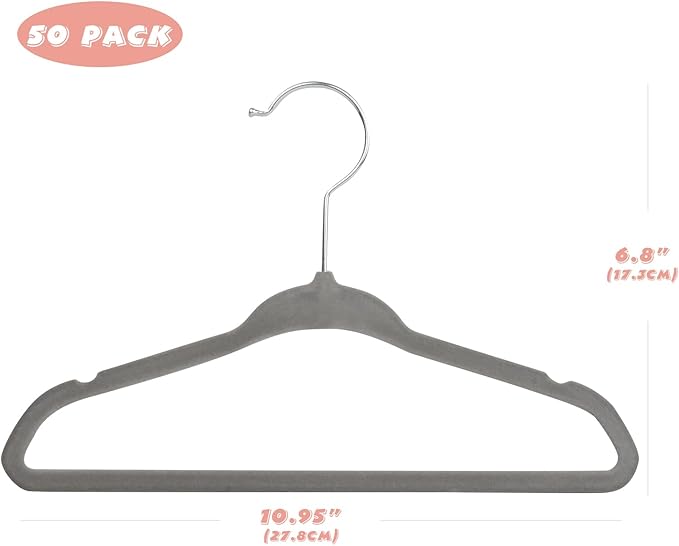 Velvet Baby Hangers 50 Pack, 11 Inch Kids Non Slip Hangers, Premium Childrens Hangers for Clothes, Space-Saving Nursery Hangers, Perfect Infant/Toddler Clothes Hangers for Daily Use(Grey)