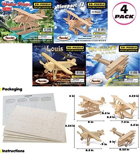 Puzzled Wooden Airplane Model Kits - Water Plane, Spirit of St. Louis, Nieuport 17 & Tri-Plane 3D Wooden Puzzles Set, Educational Adults & Kids Toys DIY Airplane Kit Assembly Planes to Build - 4 Pack