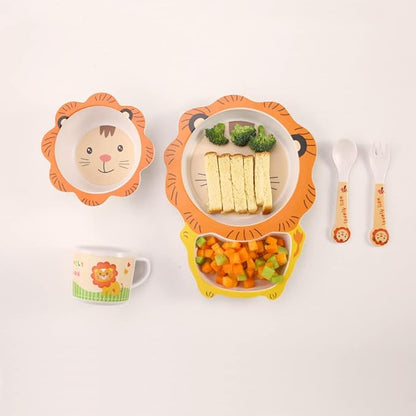 Kids Dinnerware Set Bamboo 5 Pcs with Plate Bowl Cup Fork Spoon (Lion)