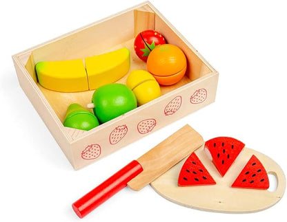 Bigjigs Toys Cutting Fruits Crate - 7 Piece Fruit with Velcro Fastenings, 1 Wooden Knife, 1 Chopping Board, Children’s Kitchen Accessories for Role Play, Baby & Toddler Gifts, 18 Months +