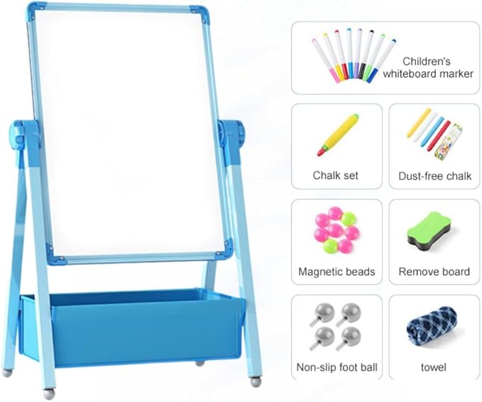 Harmoniousplay Kids Double Sided Easel Double Sided Magnetic Whiteboard and Chalkboard Adjustable Height Art Easel Ages 2 and Up (Blue), Pink