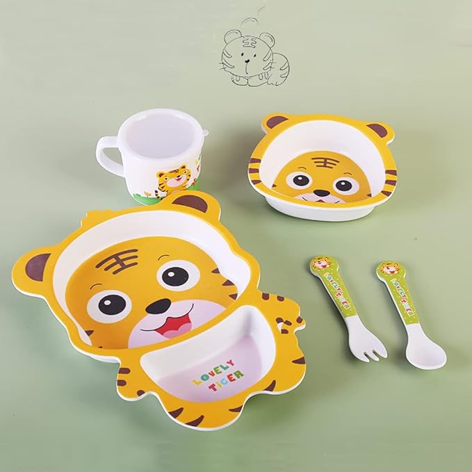 Bamboo Kids Dinnerware Set 5 Pcs Includes Plate Bowl Cup Fork Spoon Perfect for Kids BPA-Free (Tiger)