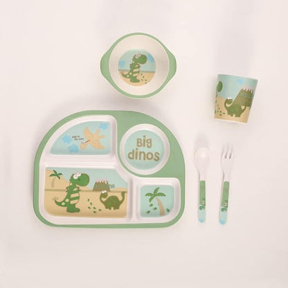 Kids Dinnerware Set Bamboo 5 Pcs Plate Bowl Cup Fork Spoon (Dinosaur)