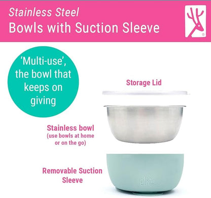 Elk and Friends Stainless Steel Bowls with Silicone Sleeve for Babies & Toddlers | Lids Included | Stay Put Suction | Cereal & Snack Bowls | 4 Pack