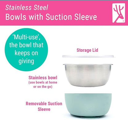 Elk and Friends Stainless Steel Bowls with Silicone Sleeve for Babies & Toddlers | Lids Included | Stay Put Suction | Cereal & Snack Bowls | 4 Pack