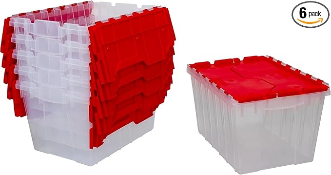 Akro-Mils KeepBox 12 Gallon Storage Container, Nesting and Stackable Plastic Storage Box with Lid Attached, Clear Tote for Garages, Closets, and Moving, 21-1/2" x 15" x 12-1/2", Clear/Red, 6-Pack