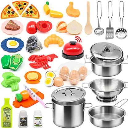 Kids Pretend Play Kitchen Accessories Set, 38Pcs Stainless Steel Play Pots Pans Sets for Kids, Toy Cookware Cooking Utensils Play Food Dish Toddler Kitchen Playset Gifts for Boys Girls