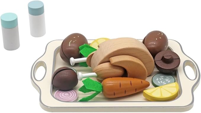 Thanksgiving Turkey Chicken Toy Wooden Play Food for Little Kids, Pretend Play Food Toys for Children, Great Wooden Kitchen Accessories Toys Lunch Set for 3, 4, 5 Year Old Girls and Boys