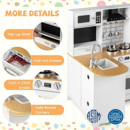 Kids Corner Play Kitchen, Wooden Toy Kitchen Set with Sounds, Pretend Play Kitchen for Kids with Kitchen Accessories,11-in-1 Toddler Kitchen Gifts for Ages 3+