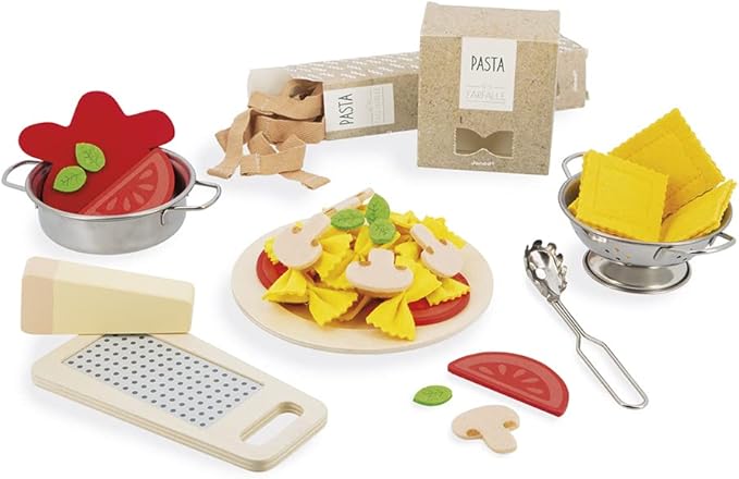 Janod - Pasta Mix - Pasta Set - Pretend Play Kitchen & Tea Set Toy - 58 Wooden, Cardboard and Felt Pieces Included - Water-Based Paints - 3 Years + J06598