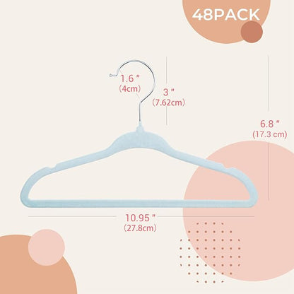 ManGotree 10.95" Baby Velvet Hangers, Non-Slip Infant Coat Hangers, Ultra-Thin Toddler Felt Hangers with 360° Swivel Hook, Space Saving Children's Hangers for Kids Clothes, 48 Pack (Blue)
