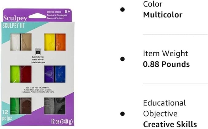 Sculpey III 12 Bright Colors of Polymer Oven-Bake Clay, Non Toxic 12 oz., great for modeling, sculpting, holiday, DIY & school projects.Great for kids & beginners!
