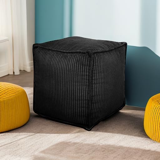 Louis Donné Unstuffed Pouf Ottoman Cover for Storage Black Square Poofy Ottomans Foot stool for Living Room Floor Cushion, Premium Corduroy Fabric, Footrest for Couch and Single Sofa 17.7"(Only Cover)