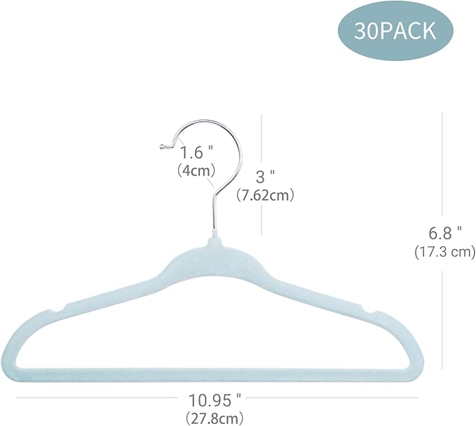 ManGotree Velvet Baby Clothes Hangers, Baby Toddler Kids Hangers with Swivel Hook, Notched Shoulder Design for Kids and Children Clothes (30 Pack, Blue)