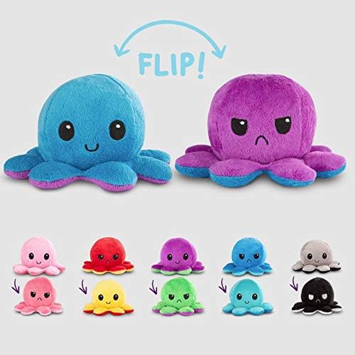TeeTurtle Reversible Octopus Plushie 4-Inch Angry Light + Dark Blue Two-Sided Flip Plush Toy with Embroidered Details - Cute Mini Collectible Plush for Kids, Teens, and Adults