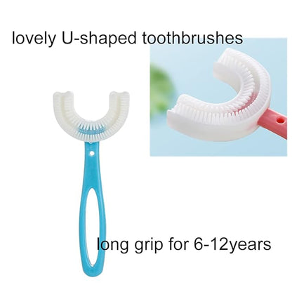 2 PCS U-Shaped Kids Toothbrush, Soft Manual Training Toothbrush for Kids 6-12 Years (Pink +Blue)