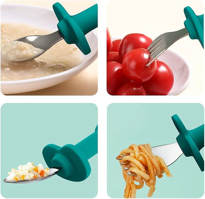 Baby Forks and Spoons Set Baby Training Utensils Self Feeding Toddler Silverware Silicone and Stainless Steel Kids and Toddler Utensil (Pink Dinosaur - Short)