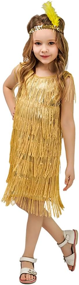 IDOPIP Kids Girls 1920s Flapper Dress Vintage Sequins Fringe Gatsby Halloween Party Dress up with Feather Headband Costumes