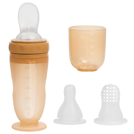 Baby Multifunctional Complementary Food Bottle, Silicone Milk Bottle 3-in-1, Including Dispensing Spoon, Regular Nipple and Fruit Puree Feeding Nipple, Auxiliary Weaning Bottle