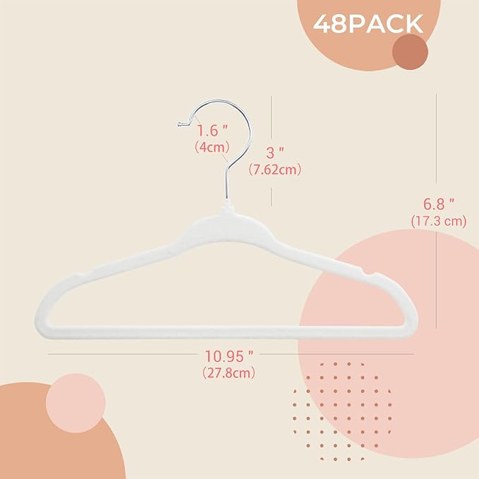 ManGotree 10.95" Baby Velvet Hangers, Non-Slip Infant Coat Hangers, Ultra-Thin Toddler Felt Hangers with 360° Swivel Hook, Space Saving Children's Hangers for Kids Clothes, 48 Pack (White)