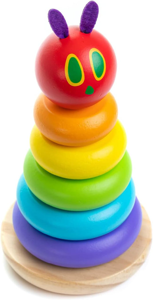 KIDS PREFERRED World of Eric Carle, The Very Hungry Caterpillar Wooden Stacker with Colorful Rainbow Rings, 7 Inch Stacking Solid Wood Educational Developmental Toy –Sorting and Stacking, Multicolor