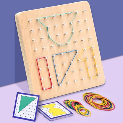 Wooden Geoboard - Montessori Toys for 3~6 Year Old Kids and Toddlers, Educational Toy with 24 Pattern Cards and 60 Rubber Bands to Create Figures, Brain Teaser STEM Toy Geo Board