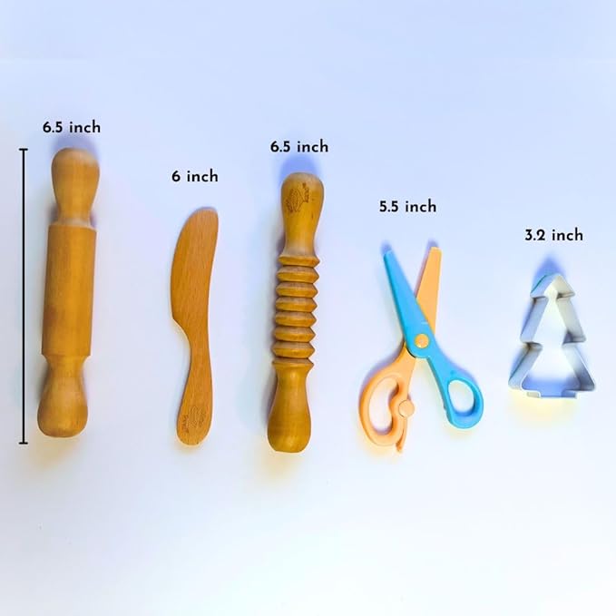 Play Dough Tools Accessories for Kid | Wooden Rolling Pins & Knife | Child-Safe Scissor | Sculpting Tool to Roll, Cut,Flatten | Pretend Play Kitchen Tool | Clay Mould Tool for Kid Ages 2-7