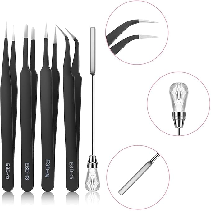 MSDADA 11 Pcs Silicone Resin Mold Tools Set Stirring Needle Spoon Tool Tweezers Precision Kit, Anti-Static Electronics Tweezers Set for Resin Art Crafts,Jewelry Making(Rose Red+White)