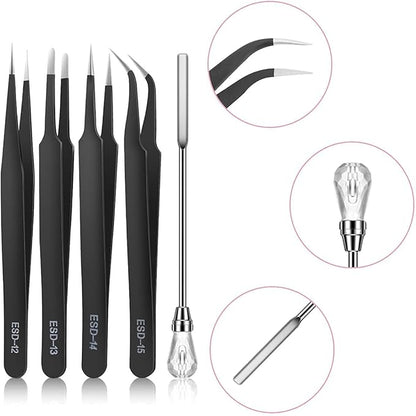 MSDADA 11 Pcs Silicone Resin Mold Tools Set Stirring Needle Spoon Tool Tweezers Precision Kit, Anti-Static Electronics Tweezers Set for Resin Art Crafts,Jewelry Making(Rose Red+White)