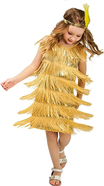 IDOPIP Kids Girls 1920s Flapper Dress Vintage Sequins Fringe Gatsby Halloween Party Dress up with Feather Headband Costumes