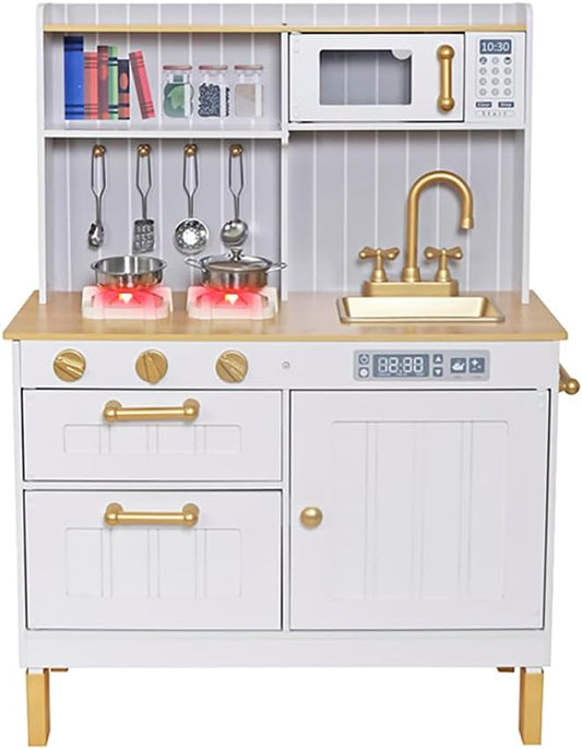 Wooden Toddlers Kitchens Playsets with 6pcs Cooking Kitchen Sets|Kids Play Kitchens with Cooking Pans,Pots,Stove&Sink|Mini Baby Kitchen Toys with Lights&Sounds for Kids Ages 1+Boys Girls…