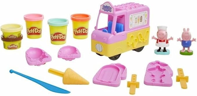 Play-Doh Peppa's Ice Cream Playset with Ice Cream Truck, Peppa and George Figures, and 5 Non-Toxic Modeling Compound Cans, Peppa Pig Toy for Kids 3 Years and Up