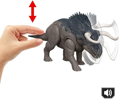 Mattel Jurassic World Rebirth Wild Roar Nasutoceratops Dinosaur Toy with Tail-Controlled Chomp Multi-Direction Attack & Sound, Posable & Digital Play