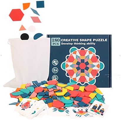 USATDD 180 Pcs Wooden Tangrams Pattern Blocks Set Geometric Manipulative Shape Puzzle Kindergarten Classic Educational Montessori Toys for Kids Toddlers Ages 4-8 with 24 Pcs Flash Cards