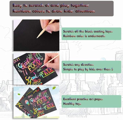 BESTING Scratch Mini Art Notes 200 Sheets Silver Holographic Scratch Off Paper Cards with 4 Wooden Stylus for Kids Arts Craft Kits for Girls Boys Games Party Favors Birthday Halloween (SP200SV)