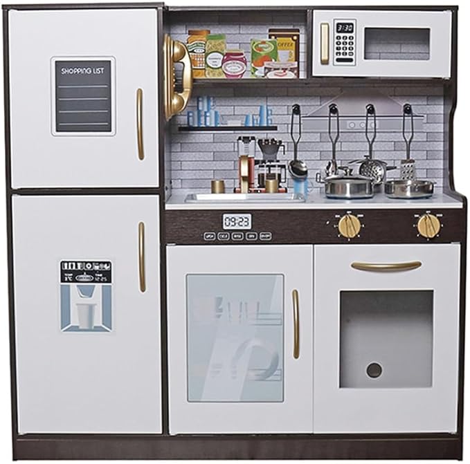 Wooden Play Kitchen Toy Set with Light, Kids Children Pretend Toy Kitchen Playset with Sink Play Toy,Oven Microwave,Toddler Cooking Set Toy for Ages 1-3 2-4 4-8 Baby Girls Boys (Espresso)