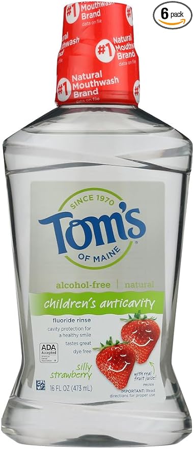Tom's of Maine Children's Anticavity Fluoride Rinse Mouthwash, Silly Strawberry, 16 Fl Oz (Pack of 6) (Packaging May Vary)