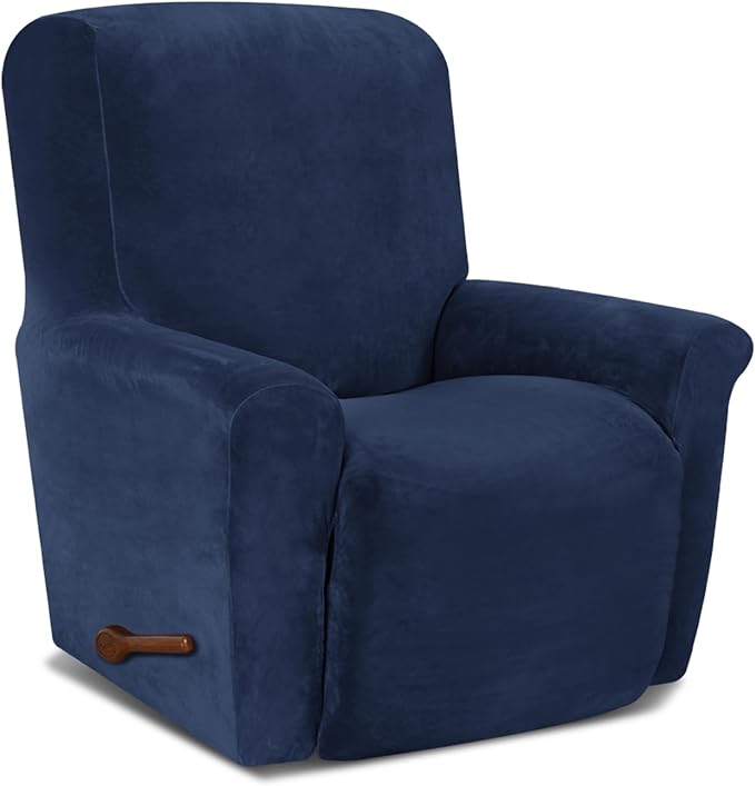 AZON Velvet Stretch Recliner Chair Cover,1-Piece Washable Recliner Couch Cover with Elastic Furniture Protector for Pets, Kids(Recliner, Navy Blue)